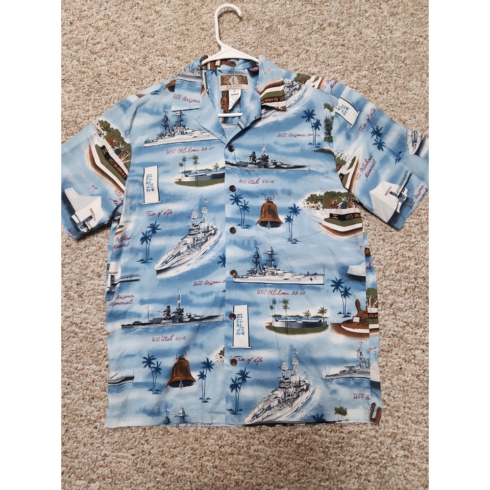 Vintage Kalaheo Hawaiian Shirt Pearl Harbor Navy Battleships Military Small